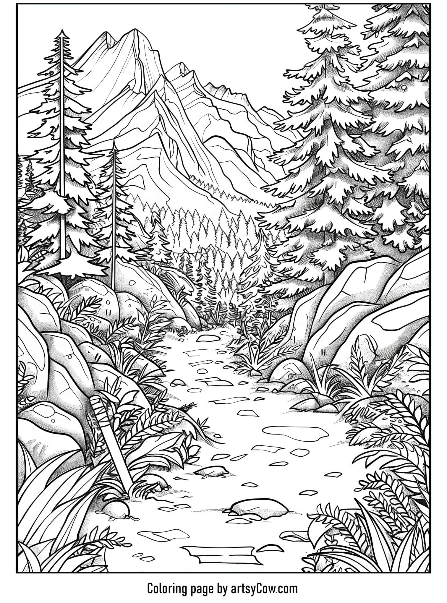 a detailed black and white sketch of a scenic mountain trail surrounded by lush trees